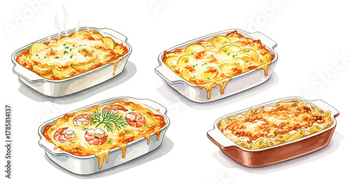 水彩のグラタン・マカロニグラタンイラストセット,ドリア,洋食,耐熱皿,冬の料理,ベクター