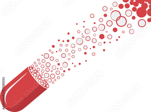 Red capsule releasing small red and white circles and dots pill medicine