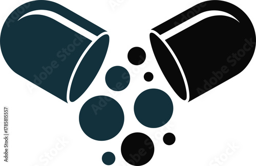 Open capsule releasing dark blue and black circles pill medicine