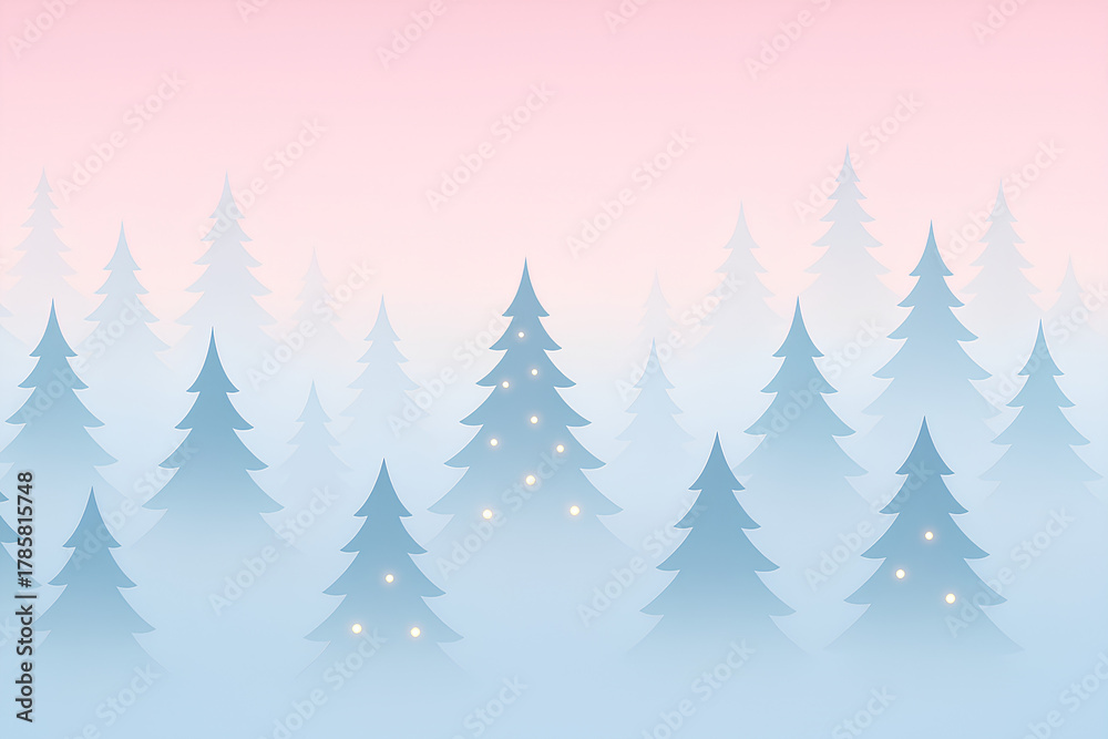 Obraz premium Minimal Christmas forest with glowing lights among pine trees, soft mist, pastel pink and blue gradient sky, clean modern wallpaper design