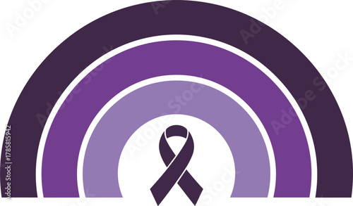 Purple ribbon inside concentric arcs in shades of purple and white awareness ribbon support