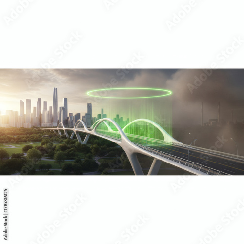 A futuristic city with green infrastructure contrasts with a polluted area, representing urban environmental progress.