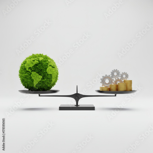 A balance scale holds a green globe and gold coins, symbolizing the balance between environmental and economic interests.
