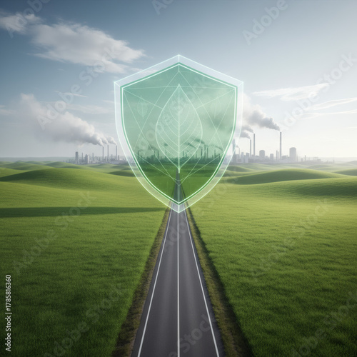 A road leads to a shield with a leaf, representing environmental protection and sustainable travel.