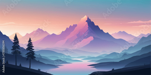 Beautiful sunset mountain landscape vector with soft pink and blue gradient sky reflecting on calm river.