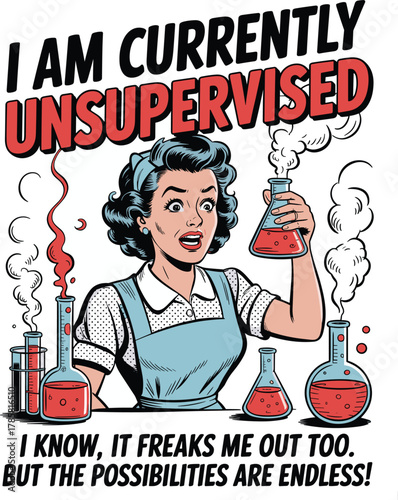 Woman in retro style holding science beaker with red liquid and steam laboratory