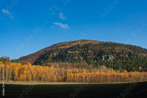 Autumnal view of forested Vlhošť hill in Kokořínsko Protected Landscape Area, Czechia. Neovolcanic peak with sandstone rocks on hillsides.