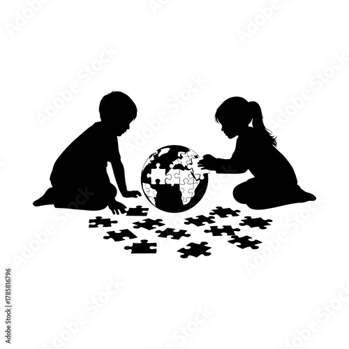 Vector silhouette of a boy and a girl putting together a puzzle to form a world, children day concept