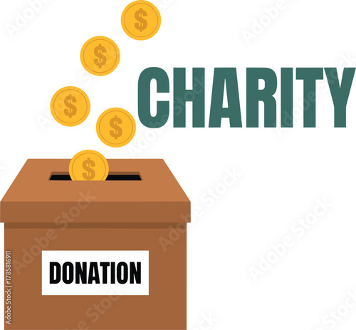 Brown donation box with falling gold coins and charity text money