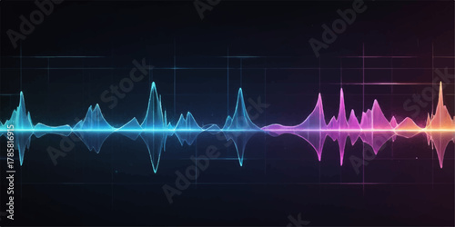 Glowing neon soundwave pattern symbolizing modern frequency pulse energy, heartbeat rhythm, and audio signal vibration on dark background.