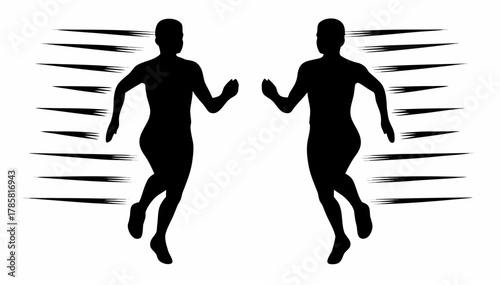 Two silhouetted figures in motion running forward with speed lines indicating rapid movement shown