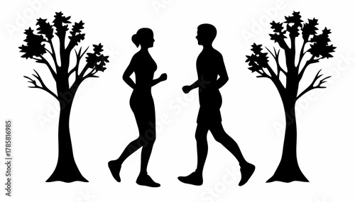 Silhouette of a man and woman jogging in a park with trees on either side in black and white style art