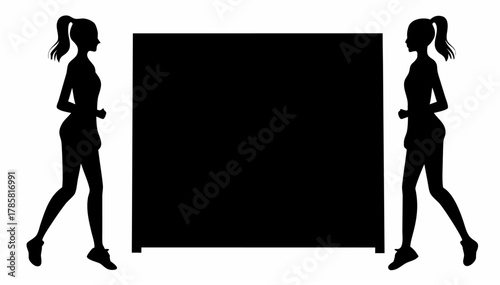 Two female silhouettes flanking a large black square with a white background in a simple design