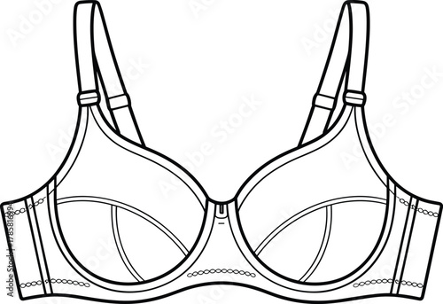 Black and white line drawing of bra with underwire cups, adjustable straps, detailed intimate apparel fashion illustration