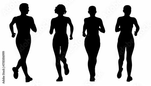Silhouettes of four women running in sync with arms bent and legs in motion against a white background