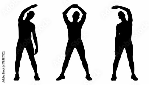 Three silhouettes of a person performing stretching exercises with arms raised and legs apart in black