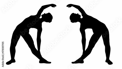 Two mirrored silhouettes of women in a stretching pose with arms raised and bodies bent to the side