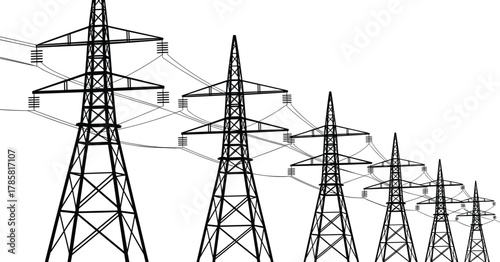 High voltage electric transmission towers and power lines, energy infrastructure, electricity distribution, industrial power network, technology