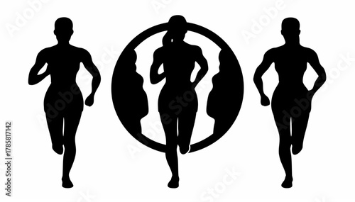Three silhouettes of women running with one woman framed in a black oval shape on a white background