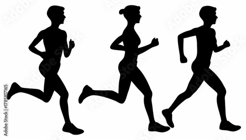 Three silhouetted figures shown in mid stride running or jogging against a white background design view