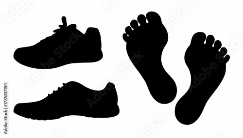 Silhouette of two shoes and a pair of feet, all in black, on a white background, side by side image view