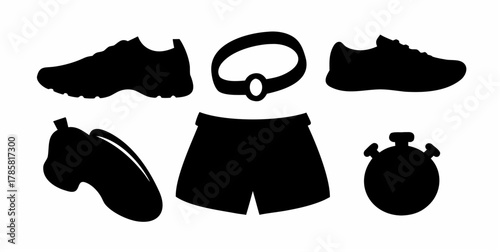 Silhouette of running shoes belt shorts banana and stopwatch representing fitness and exercise gear