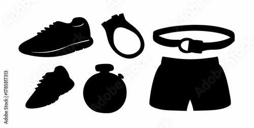 Illustration of running shoes water bottle heart rate monitor shorts and belt in black silhouette style