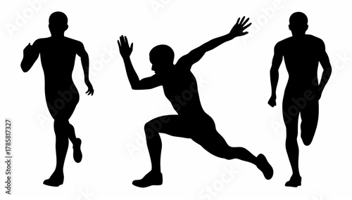 Three black silhouettes of runners in different poses against a white background showing motion and activity