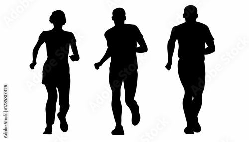 Silhouette of three people running forward in unison with arms bent and legs in motion on a white background