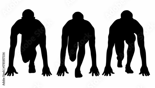 Silhouettes of three figures in a starting position ready to run a race on a white background in black