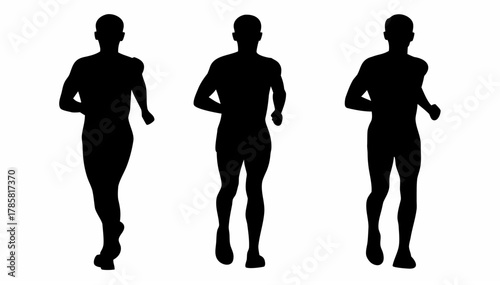 Three black silhouettes of people running in a line against a white background in a studio shot view
