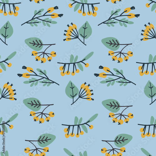 Seamless pattern with hand drawn with in Modern Folk style for winter holidays stylized bunches of currants Block Prints inspired by printmaking that uses wooden blocks to transfer repeating designs