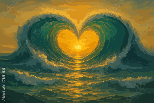 Two large ocean waves form a heart shape around a glowing sunset on the horizon, creating a romantic and serene seascape.