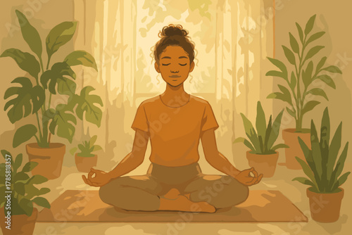 African female practicing yoga in a serene indoor garden setting, surrounded by lush potted plants and natural light.