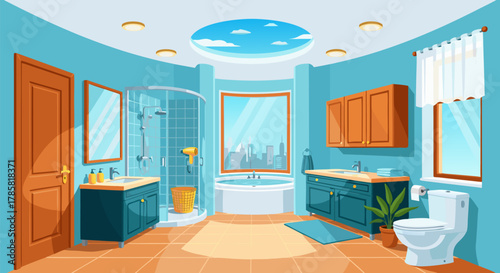 Modern spa-like bathroom interior with bathtub, shower, vanity sinks, and toilet, showcasing a bright and airy ambiance