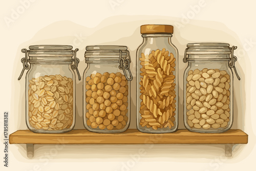 Glass jars filled with various dry grains and beans, neatly arranged on a wooden shelf for pantry storage.