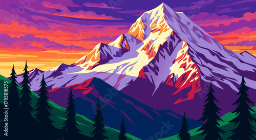 Vibrant Sunset Over Majestic Snow-Capped Mountains with Pine Trees – A Breathtaking Digital Illustration of an Alpine Landscape at Dusk