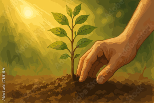 Hand of an adult placing soil around a young sapling, symbolizing growth and environmental care under a bright sunlit sky.