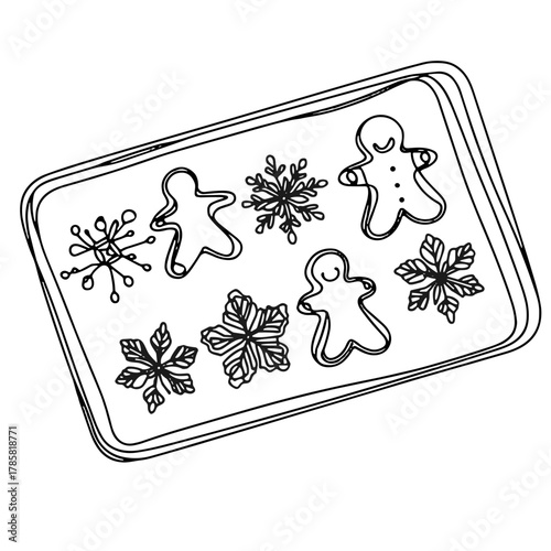 A baking sheet with gingerbread and snowflake outlines Christmas DIY Process — Outline / Minimal Linear Vector