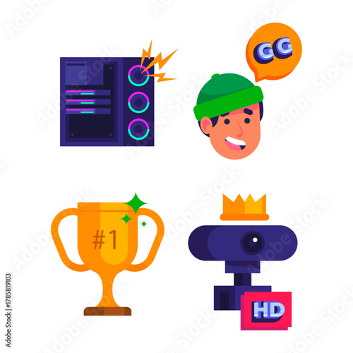 A vibrant collection of vector icons representing video gaming culture and live streaming elements