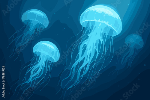 Several translucent jellyfish glow with blue light under the ocean, their long tentacles trailing gracefully through the dark, deep water.