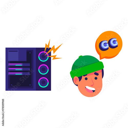 Vibrant illustration showing a personal computer glitch and a player's casual 'Good Game' response