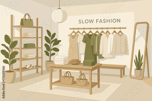 Earth-toned clothing and stylish accessories arranged in a minimalist boutique, emphasizing slow fashion with natural decor elements.