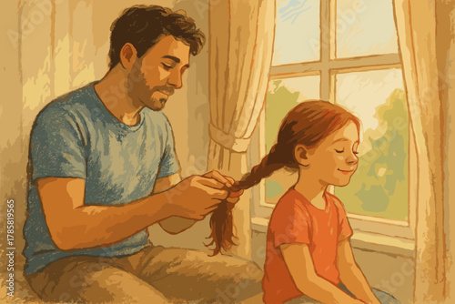 Caucasian young adult male gently braiding the hair of a caucasian female child inside a cozy room with warm lighting.