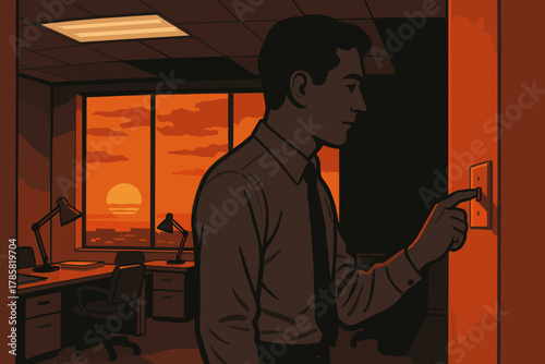 Male silhouette in an office turning off the lights at sunset, with desks and a glowing sky visible through large windows.
