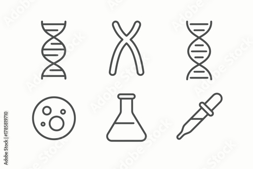 Science icons: dna, chromosome, cell, flask, pipette