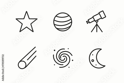 Astronomy icons: star, planet, telescope, comet, galaxy, moon illustrations