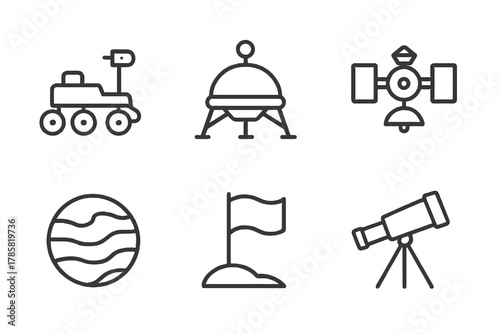 Set of space icons: rover, lander, satellite, planet, flag, telescope