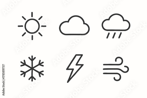 Minimalist weather icons: sun, cloud, rain, snow, lightning, wind symbols