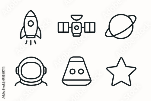 Space icons set: rocket, satellite, planet, astronaut, capsule, star